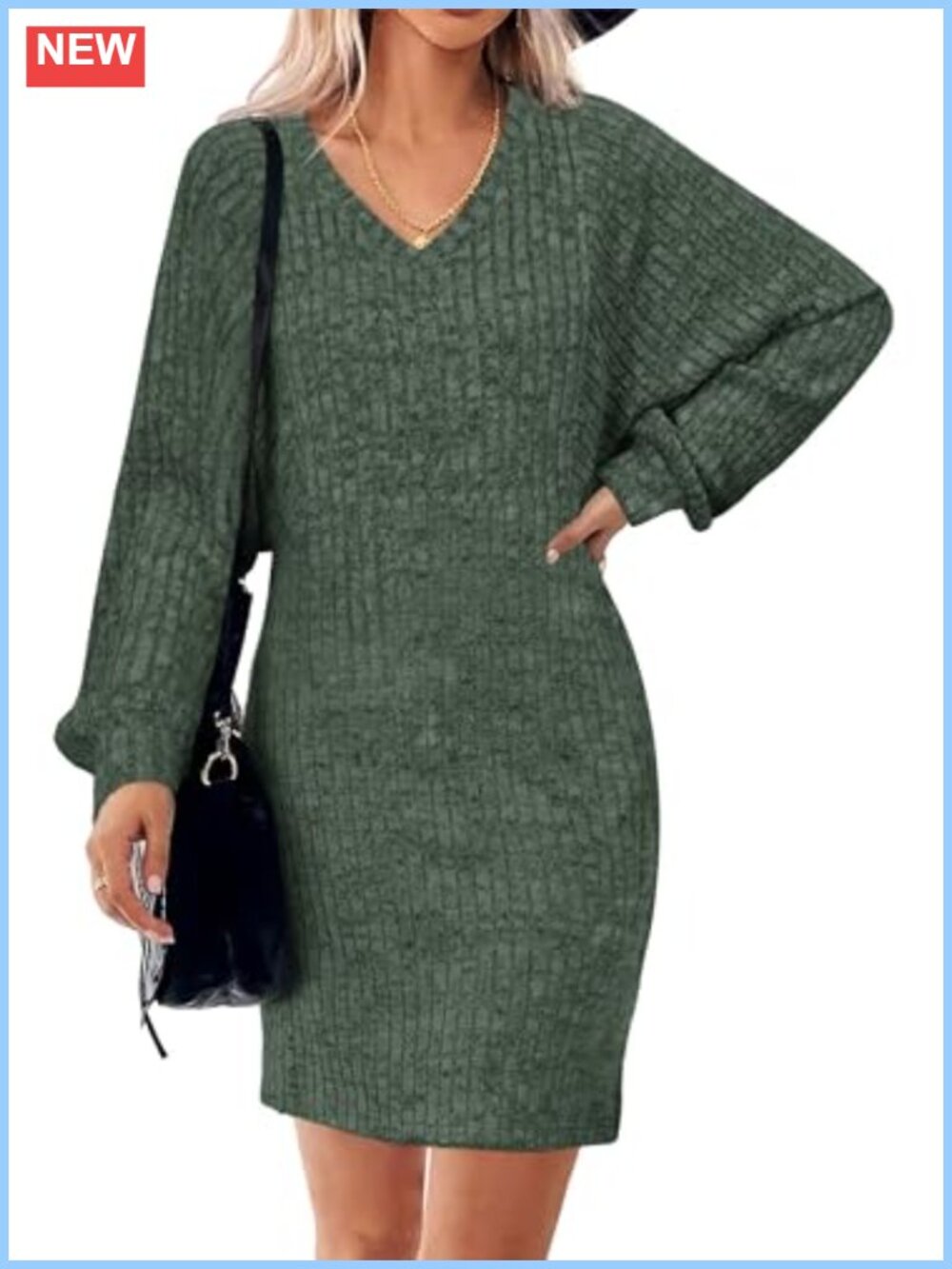 Ribbed Knit Bodycon Sweater Dress Long Sleeve V-Neck Knee Length Casual Fall
